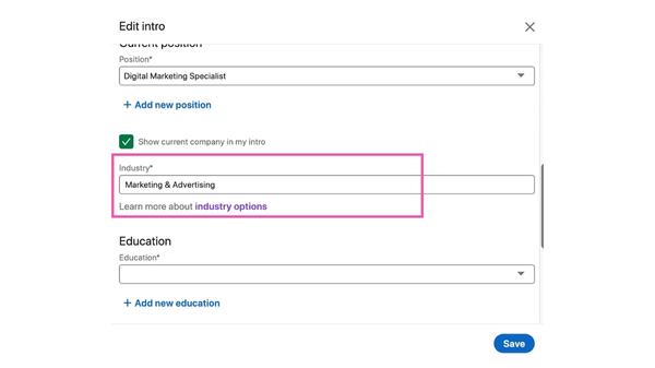 setup industry in LinkedIn Profile